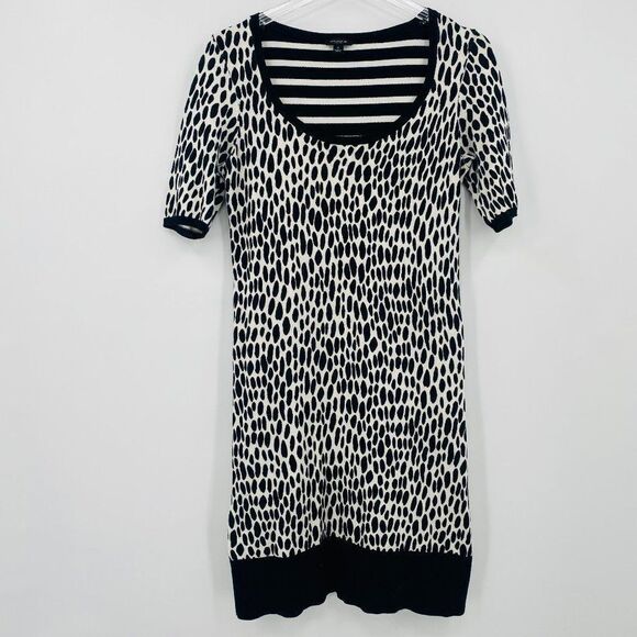 Ann Taylor Size Small Black & White Polka Dot Striped Short Sleeve Sweater Dress - Picture 1 of 8